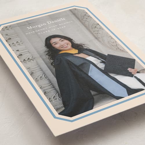 This is a robins egg graduation announcements with standard by Carolyn MacLaren called angled frame printing on signature in postcard