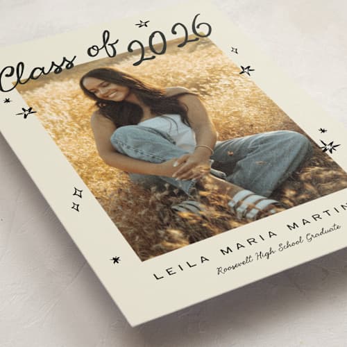 This is a cream graduation announcements with standard by Ani Somi called for the stars printing on signature in postcard