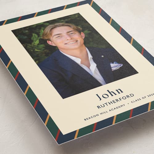 This is a navy graduation announcements with standard by Sarah Rosenthal called belmont printing on signature in postcard