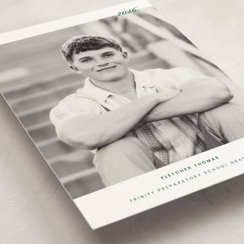 This is a forest graduation announcements with standard by Sara Hicks Malone called deerfield printing on signature in postcard