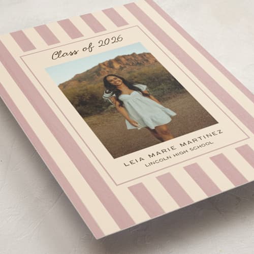 This is a blush graduation announcements with standard by Ani Somi called grad stripes printing on signature in postcard