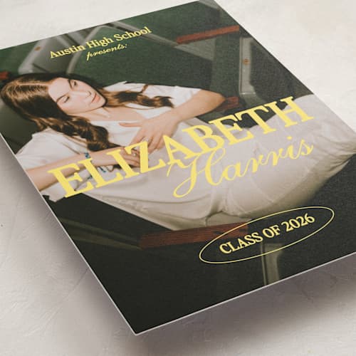 This is a butter graduation announcements with standard by Helena Vitto called good times co. printing on signature in postcard