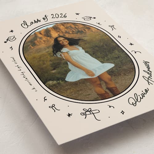 This is a onyx graduation announcements with standard by Ashley Iwafuchi called illustrated grad printing on signature in postcard