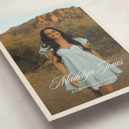 This is a sand graduation announcements with standard by Megan Cash called fluid printing on signature in postcard