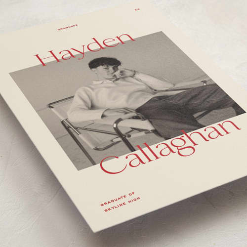 This is a scarlet graduation announcements with standard by Ellen Schlegelmilch called hayden printing on signature in postcard