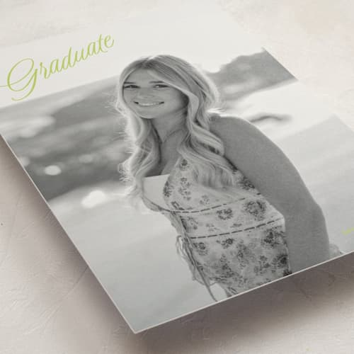 This is a lime graduation announcements with standard by JoAnn Jinks called neon vintage printing on signature in postcard