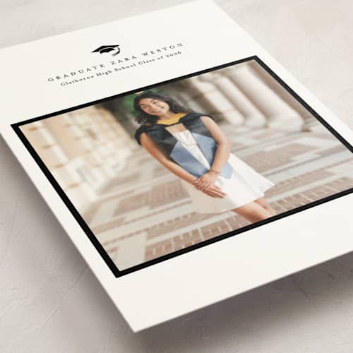 This is a cotton graduation announcements with standard by Stacey Meacham called elegant frame printing on signature in postcard