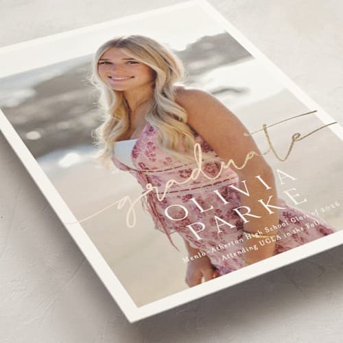 This is a snow graduation announcements with foil pressed by Sarah Curry called graduate script printing on signature in postcard