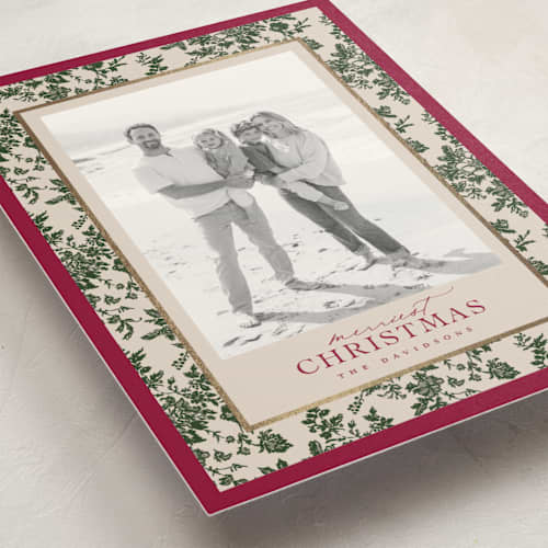 This is a holly berry petite holiday cards with foil pressed by Jenna Holcomb called merry floral toile printing on signature in petite