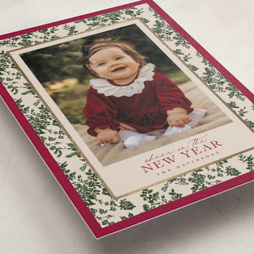This is a holly berry petite holiday cards with foil pressed by Jenna Holcomb called merry floral toile printing on signature in petite