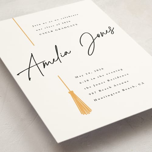 This is a sunshine graduation invitations with standard by Owl and Toad called written out printing on signature in petite