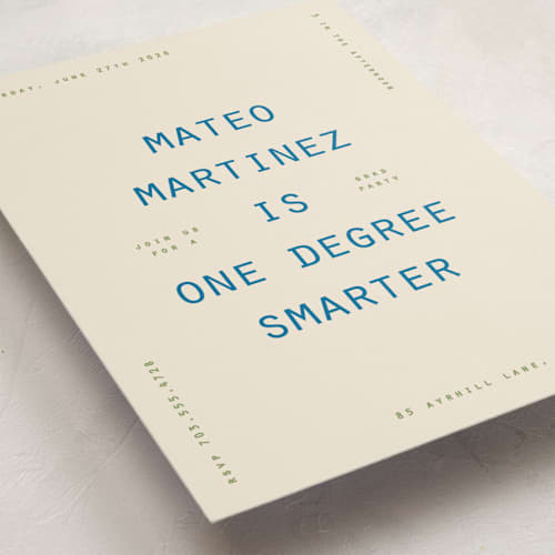 This is a sky graduation invitations with standard by Owl and Toad called degree printing on signature in petite