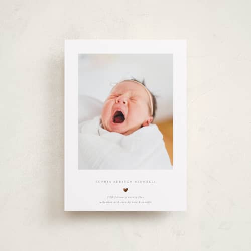 This is a charcoal foil stamped birth announcements with foil pressed by Blustery August called heart printing on recycled smooth signature in petite