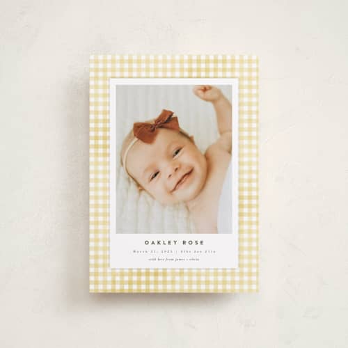This is a marigold petite birth announcements with standard by Jessie Steury called gingham printing on recycled smooth signature in petite