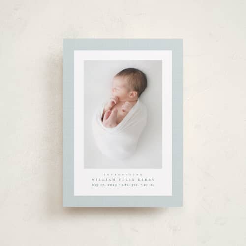 This is a powder petite birth announcements with standard by Lea Delaveris called linen frame printing on recycled smooth signature in petite