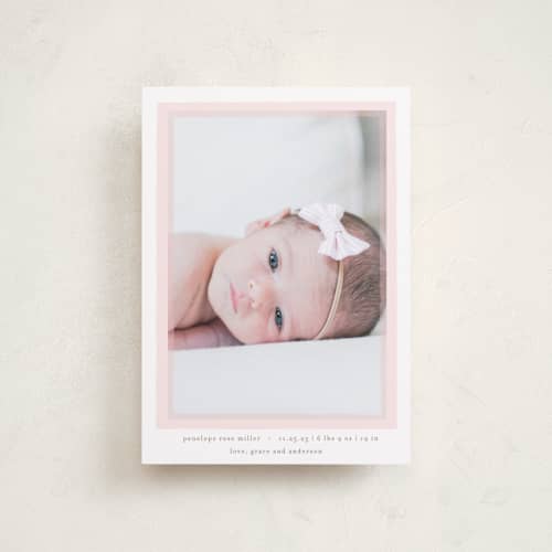 This is a blush petite birth announcements with standard by Lauren Chism called cotton candy printing on recycled smooth signature in petite