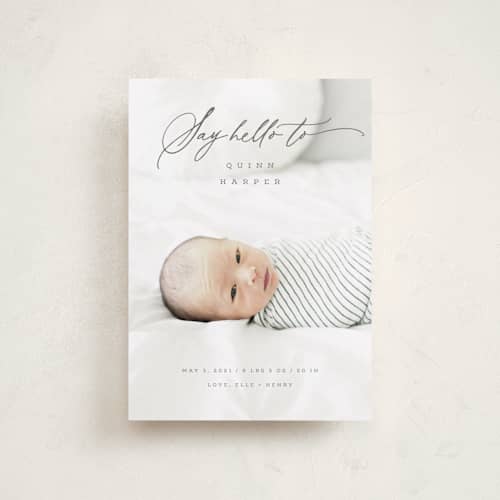 This is a shadow petite birth announcements with standard by fatfatin called say hello to printing on recycled smooth signature in petite
