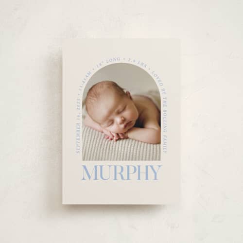 This is a bluebird day petite birth announcements with standard by Baumbirdy called type arch printing on recycled smooth signature in petite