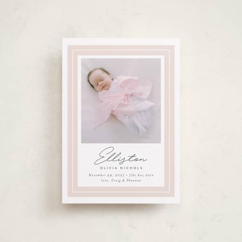 This is a blush petite birth announcements with standard by Jessica Williams called serene printing on recycled smooth signature in petite