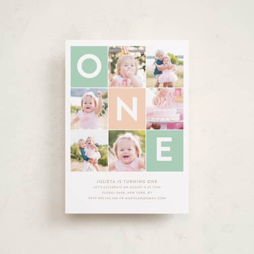 This is a seafoam petite kids birthday invitations with standard by Joanne James called simply one printing on recycled smooth signature in petite