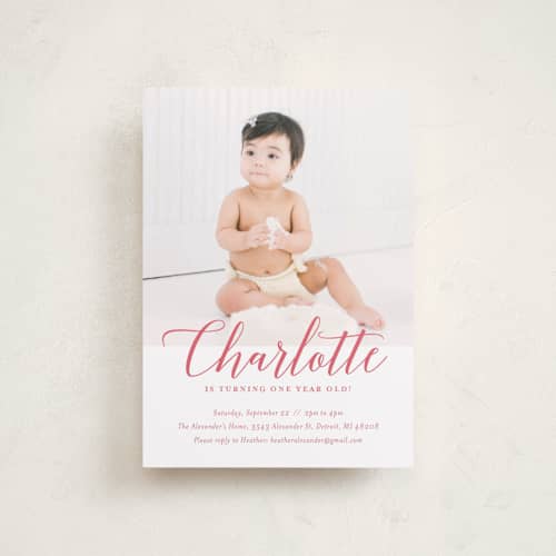 This is a blush petite kids birthday invitations with standard by Genna Blackburn called big script printing on recycled smooth signature in petite