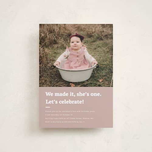 This is a blush petite kids birthday invitations with standard by Adelyn T. called made it printing on recycled smooth signature in petite