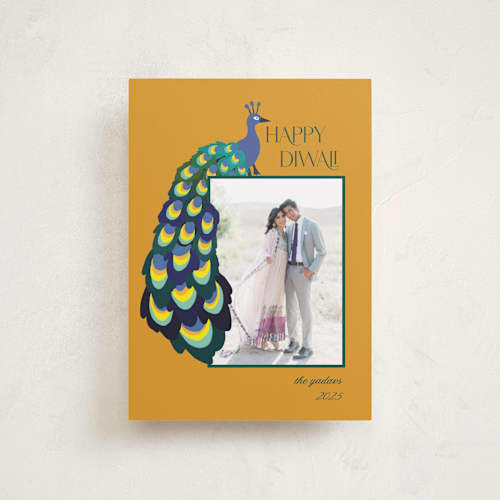 This is a turmeric diwali cards with standard by Morgan Kendall called peacock printing on recycled smooth signature in petite