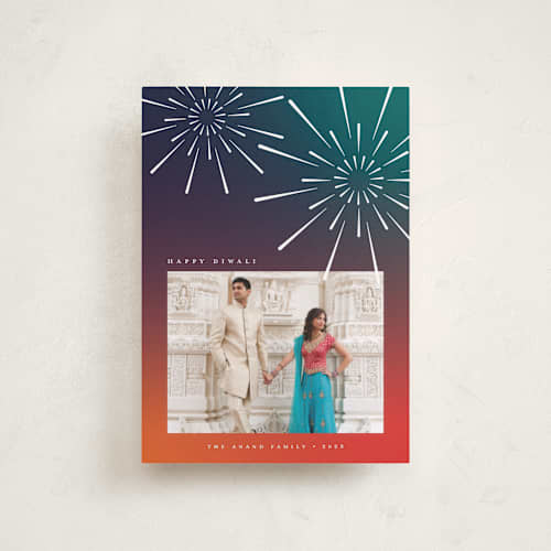 This is a sunset diwali cards with standard by Heather Schertzer called fireworks printing on recycled smooth signature in petite