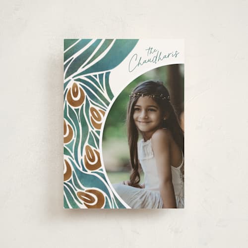 This is a peacock diwali cards with standard by Ghia Designs called beauty printing on recycled smooth signature in petite