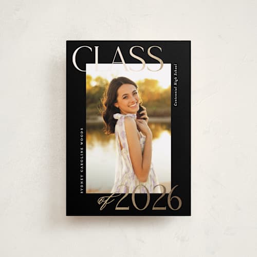 This is a licorice graduation announcements with foil pressed by Jessica Williams called scholarly surround printing on recycled smooth signature in petite