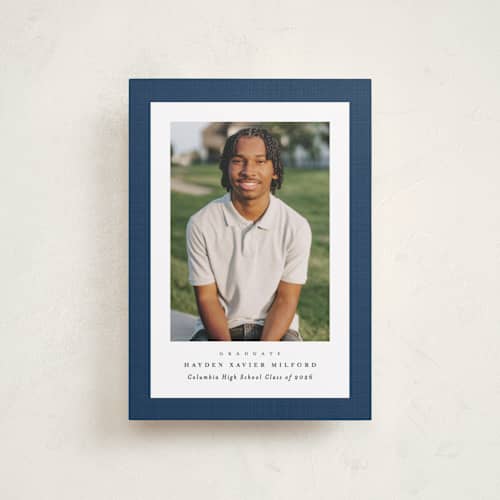 This is a jeans graduation announcements with standard by Lea Delaveris called linen frame printing on recycled smooth signature in petite