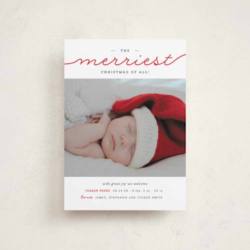 This is a fire engine red babys first christmas with standard by Sara Hicks Malone called the merriest christmas of all printing on recycled smooth signature in petite