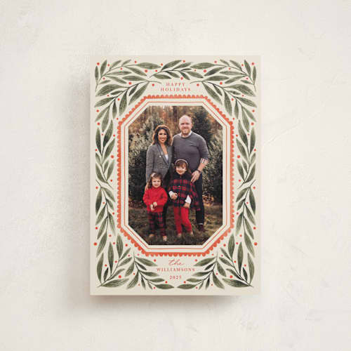 This is a wintergreen petite holiday cards with standard by Kristen Magee called botanical scallop frame printing on recycled smooth signature in petite