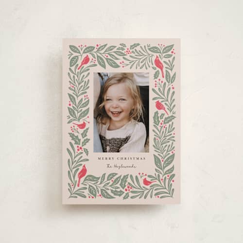 This is a cream petite holiday cards with standard by Kristen Knechtel called cardinals printing on recycled smooth signature in petite