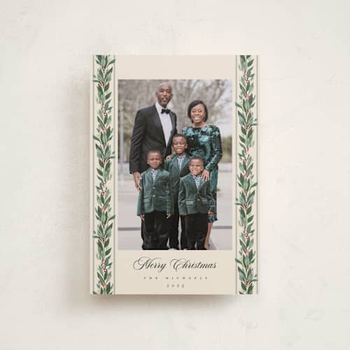 This is a eggnog petite holiday cards with standard by Rebecca Durflinger called evergreen garlands printing on recycled smooth signature in petite