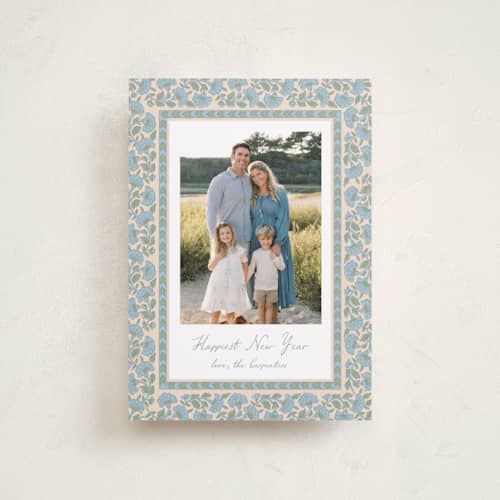 This is a blue jay petite holiday cards with standard by Creo Study called floral block print printing on recycled smooth signature in petite