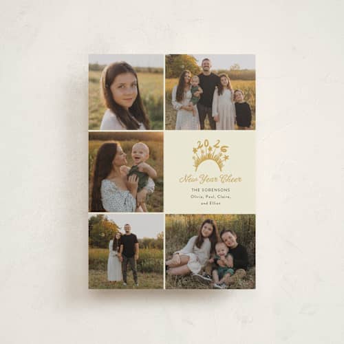 This is a golden petite holiday cards with standard by Erika Firm called new year headband printing on recycled smooth signature in petite