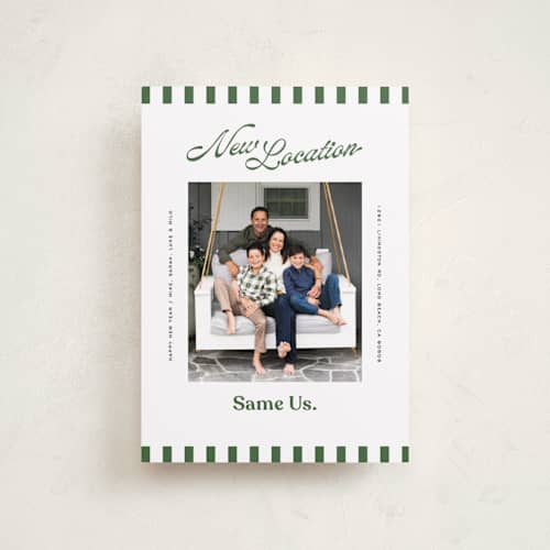 This is a spruce petite holiday cards with standard by Owl and Toad called new location printing on recycled smooth signature in petite