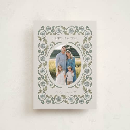 This is a cottage blue petite holiday cards with standard by Jen Owens called heritage wrap printing on recycled smooth signature in petite