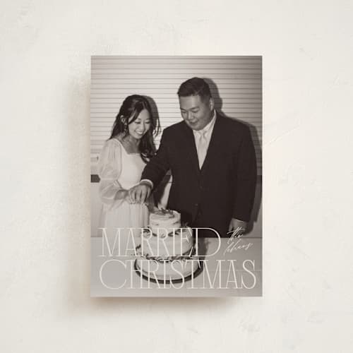 This is a champagne petite holiday cards with standard by Ellen Schlegelmilch called serif married christmas printing on recycled smooth signature in petite