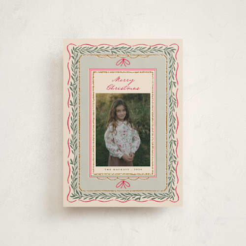 This is a wreath petite holiday cards with standard by Leia Matt called rustic romance printing on recycled smooth signature in petite