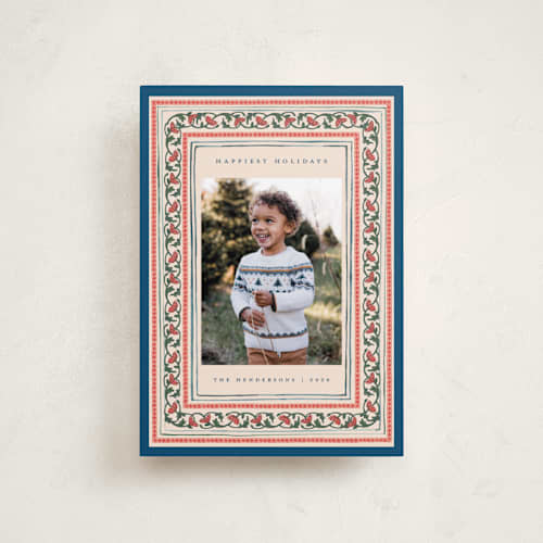 This is a blue jay petite holiday cards with standard by Teju Reval called festive block print printing on recycled smooth signature in petite