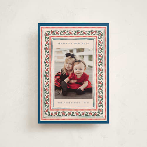 This is a blue jay petite holiday cards with standard by Teju Reval called festive block print printing on recycled smooth signature in petite