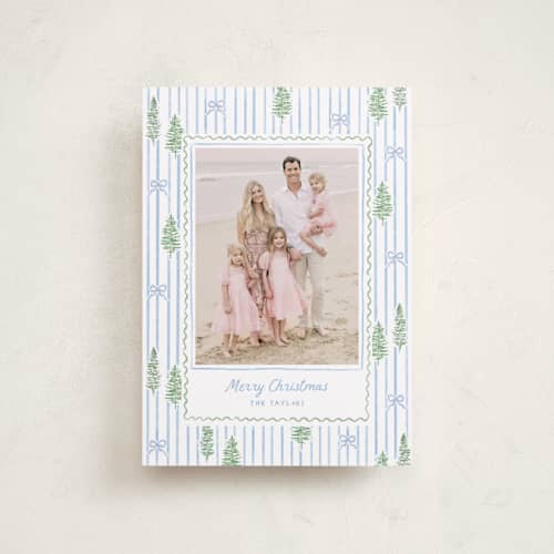 This is a blue jay petite holiday cards with standard by Creo Study called trees and bows printing on recycled smooth signature in petite