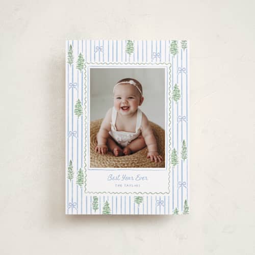 This is a blue jay petite holiday cards with standard by Creo Study called trees and bows printing on recycled smooth signature in petite