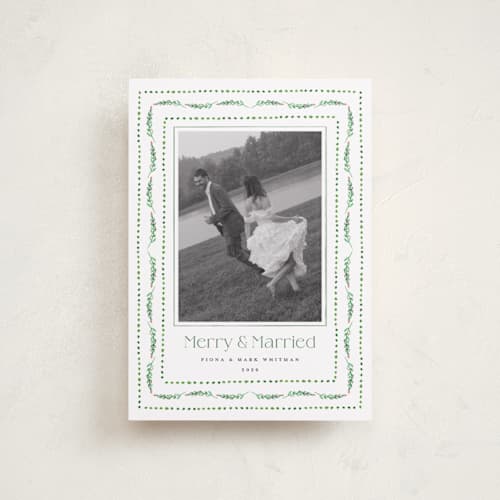 This is a elf shoes petite holiday cards with standard by Erika Firm called nostalgic ribbon border printing on recycled smooth signature in petite