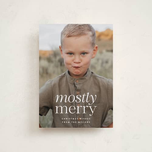 This is a vanilla petite holiday cards with standard by Ekko Studio called mostly merry printing on recycled smooth signature in petite