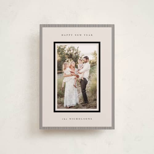 This is a linen petite holiday cards with standard by Kelly Schmidt called striped border printing on recycled smooth signature in petite