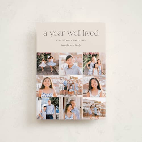 This is a eggnog petite holiday cards with standard by Shari Margolin called annual review printing on recycled smooth signature in petite