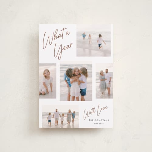 This is a copper petite holiday cards with standard by Stacey Meacham called simply scripted printing on recycled smooth signature in petite